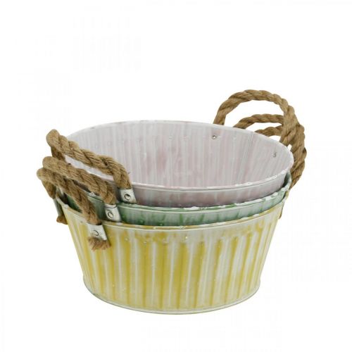 Product Metal plant bowl, flower bowl, plant pot with handles pink/green/yellow shabby chic Ø22cm H9.5cm set of 3