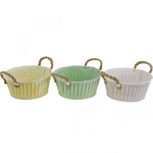 Product Metal plant bowl, flower bowl, plant pot with handles pink/green/yellow shabby chic Ø22cm H9.5cm set of 3