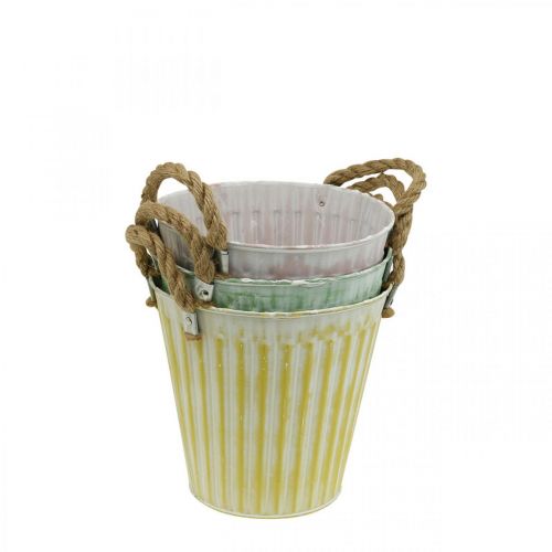 Product Plant bucket, metal pot with handles, decorative planter for planting pink/green/yellow shabby chic Ø12cm H10cm set of 3