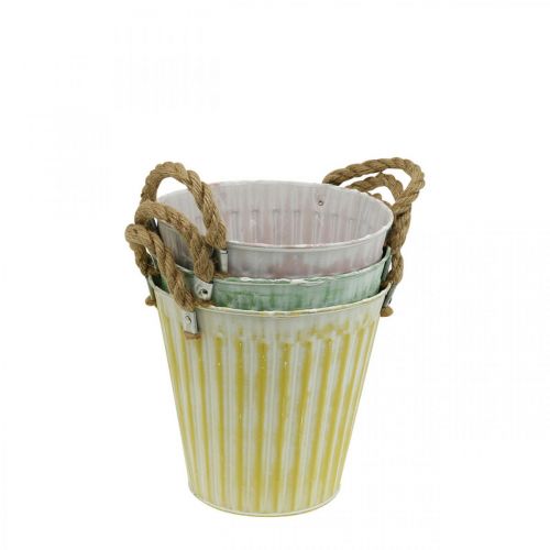 Floristik24 Plant bucket, metal pot with handles, decorative planter for planting pink/green/yellow shabby chic Ø12cm H10cm set of 3