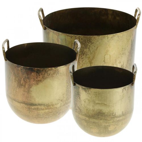 Antique look planter flower pot with metal handles H17 / 19.5 / 26cm, set of 3