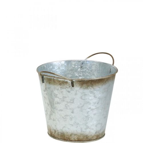 Floristik24 Decorative pot with handles, plant bucket, silver metal vessel, patina Ø17cm H16.5cm