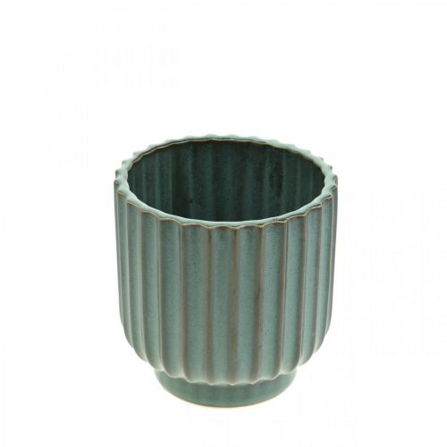 Product Plant pot, ceramic vessel, corrugated planter green, brown Ø11.5cm H12.5cm