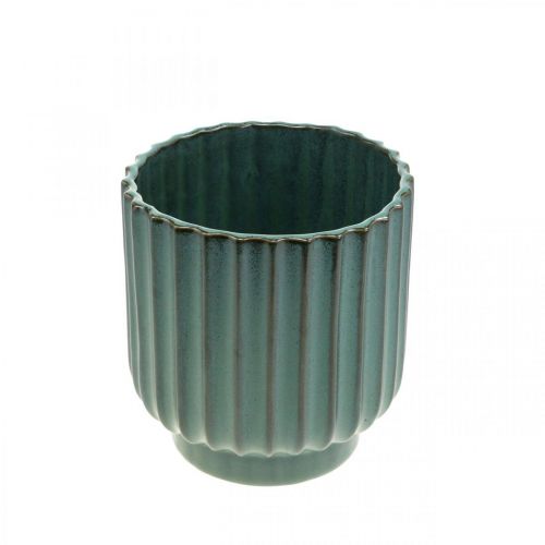 Product Ceramic planter, table decoration, corrugated planter green, brown Ø13.5cm H13cm