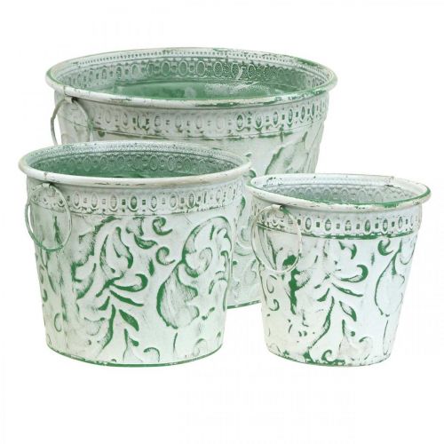 Product Metal pots with handles, planters with embossing white, green shabby chic H20.5/18.5/16cm Ø25.5/20.5/15.5cm set of 3
