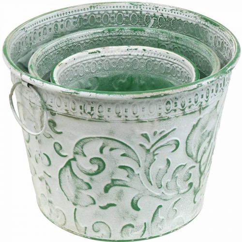 Product Metal pots with handles, planters with embossing white, green shabby chic H20.5/18.5/16cm Ø25.5/20.5/15.5cm set of 3