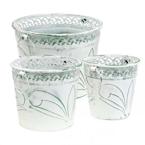 Product Sheet metal bucket with embossing, planter with handles white, green shabby chic H22/19.5/17.5 cm Ø25.5/20.5/15.5 cm set of 3