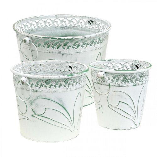 Floristik24 Sheet metal bucket with embossing, planter with handles white, green shabby chic H22/19.5/17.5 cm Ø25.5/20.5/15.5 cm set of 3