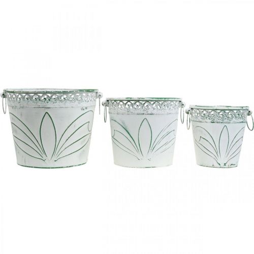 Product Sheet metal bucket with embossing, planter with handles white, green shabby chic H22/19.5/17.5 cm Ø25.5/20.5/15.5 cm set of 3