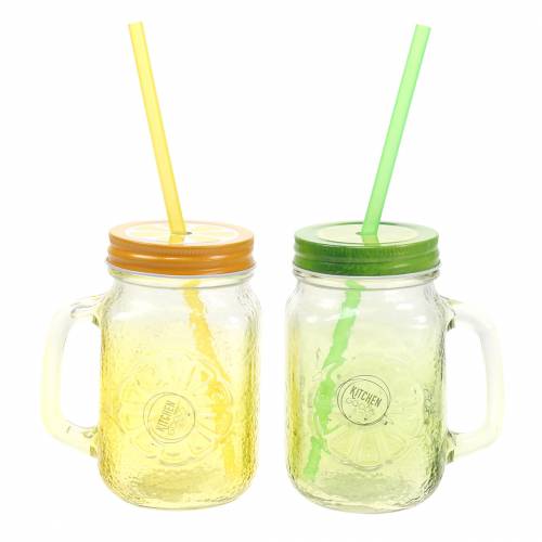 Drinking glass with lid and straw assorted Ø7cm H13.5cm 2pcs