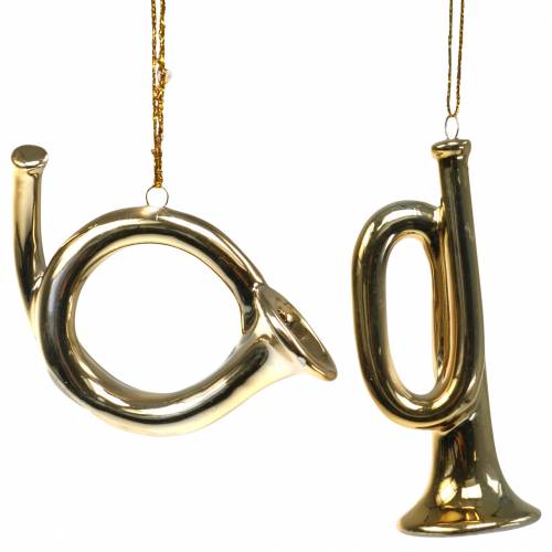 Floristik24 Christmas Tree Decoration Trumpet and Horn for hanging Gold 9,5cm 2 pc