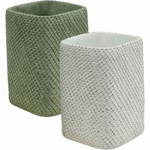 Planter ceramic white green relief mesh 14x14cm H21.5cm 2pcs