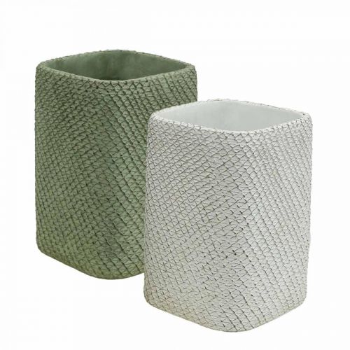 Planter ceramic white green relief mesh 12x12cm H17.5cm 2pcs