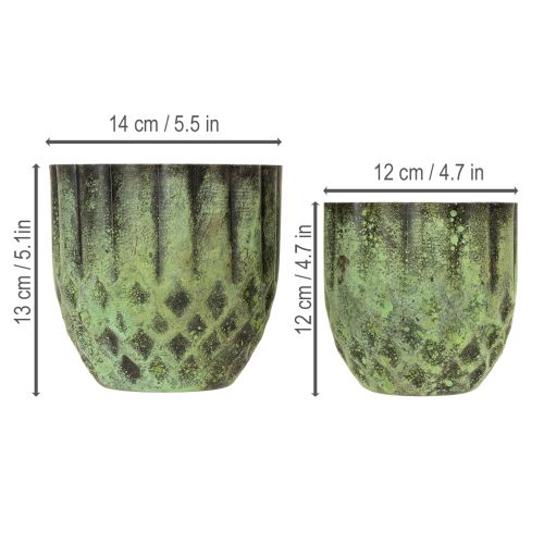 Product Vintage metal flower pot, green, Ø14/12cm, set of 2