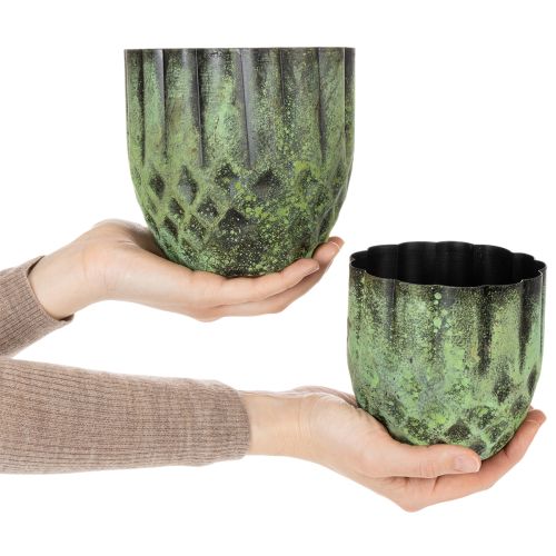 Product Vintage metal flower pot, green, Ø14/12cm, set of 2