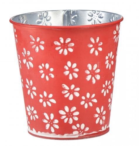 Planter red white flower pot floral metal Ø12.5cm H11.5cm