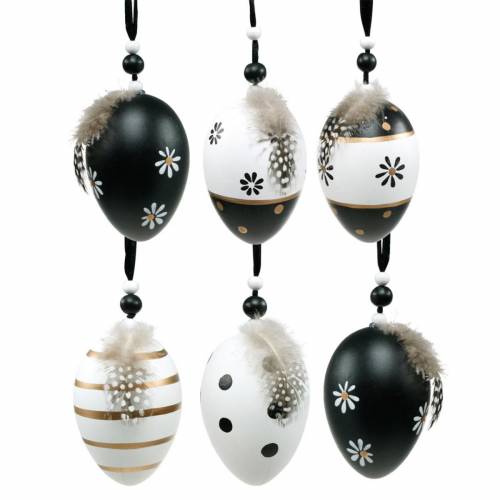 Floristik24 Easter egg to hang black, white Easter decoration egg with spring 6pcs