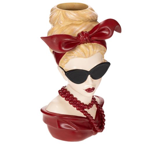 Woman Head Vase with Sunglasses and Pearl Necklace, 30cm, Polyresin