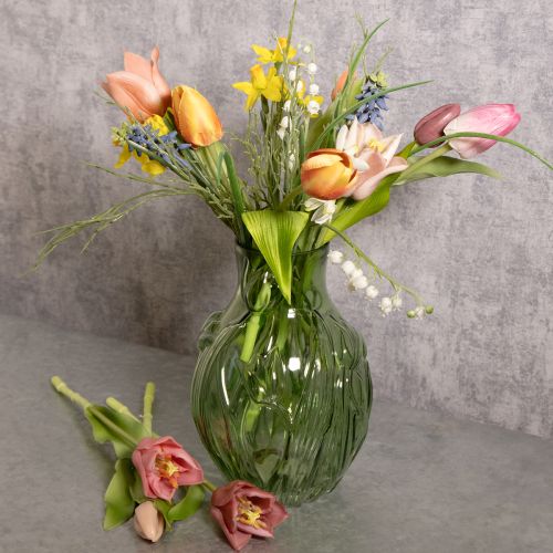 Product Glass vase with embossed tulip design for interior decoration, 22.5cm