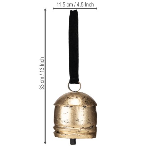 Floristik24 Vintage bell gold with black velvet ribbon H15cm