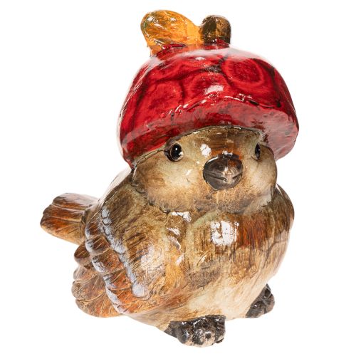 Dekorational Ceramic Bird Figurine with Red Apple Hat - 13cm