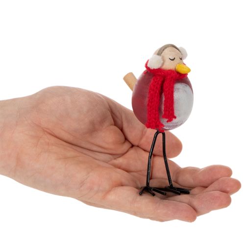 Set of 4 Winter Bird Figures with Scarf, 11cm, Red, White, and Black, Wooden and Metal Construction | Floristik24.co.uk