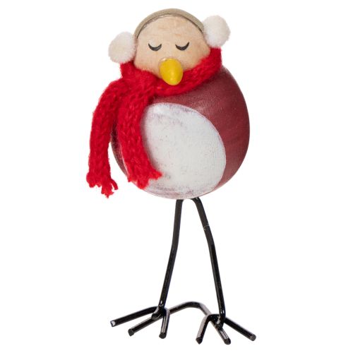 Set of 4 Winter Bird Figures with Scarf, 11cm, Red, White, and Black, Wooden and Metal Construction | Floristik24.co.uk