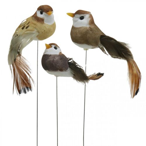 Spring decoration, mini birds, decorative birds on wire brown, beige H2.5cm 24 pcs
