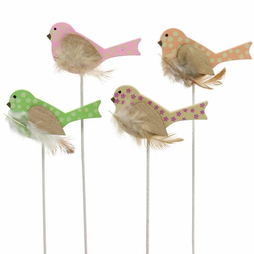 Floristik24 Decorative plug bird wood green, pink, yellow, orange assorted 7cm x 4cm H24cm 16pcs