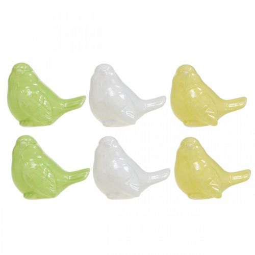 Product Bird ceramic white, green, yellow, table decoration H5cm L6cm 6pcs