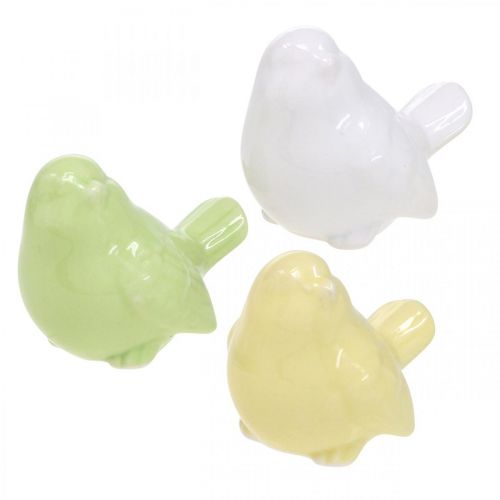 Product Bird ceramic white, green, yellow, table decoration H5cm L6cm 6pcs