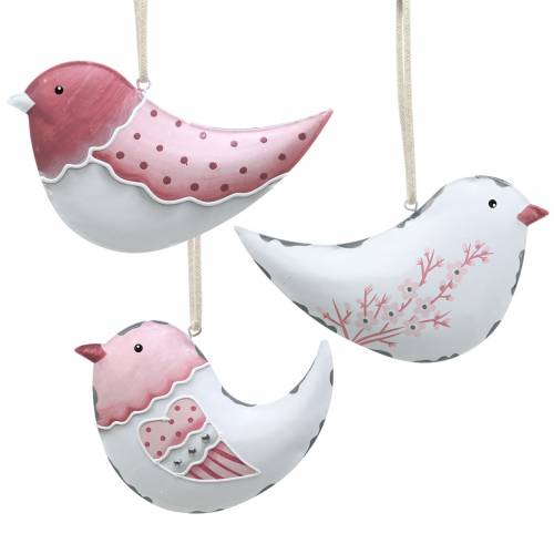 Floristik24 Bird to hang white, old rose assorted metal 9cm 3pcs