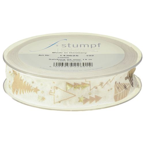 Product Christmas ribbon cream gold fir trees 25mm 15m