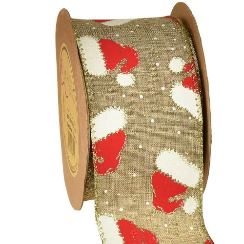 Christmas ribbon with Santa hats, brown, 60mm, 10m