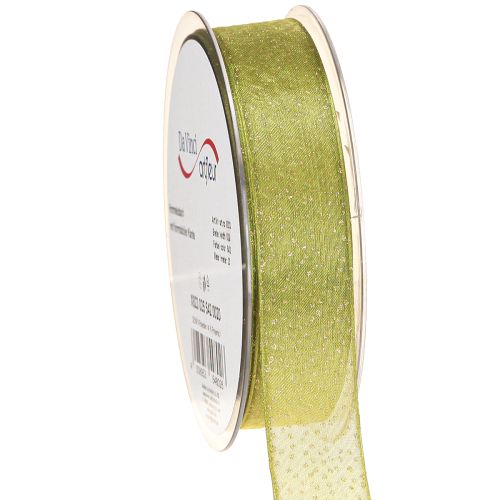 Product Christmas ribbon with golden dots, dimensionally stable, green, 25mm, 20m