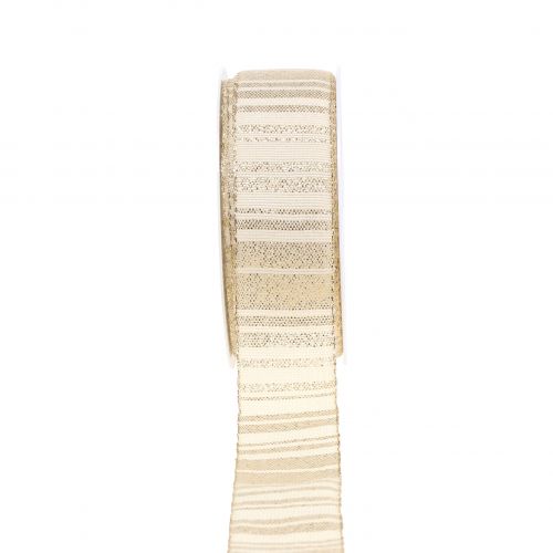 Floristik24 Christmas ribbon cream with gold stripes pattern 35mm 25m