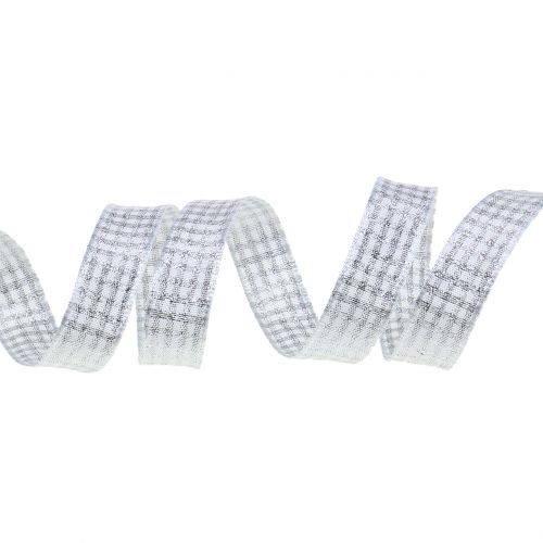 Floristik24 Christmas ribbon plaid with mica white 15mm 20m