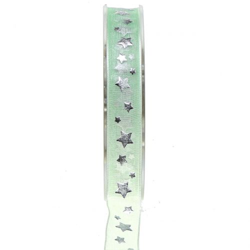 Floristik24 Christmas ribbon organza green with star motif 15mm 20m