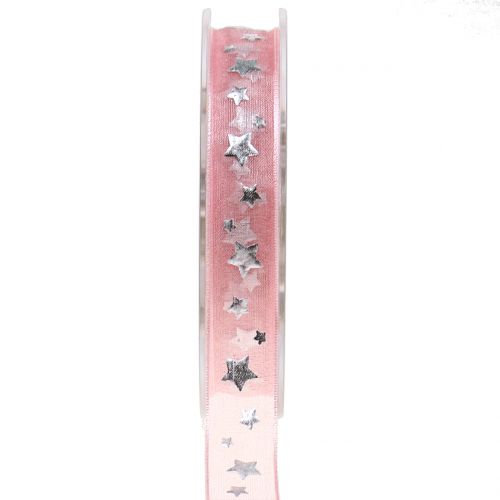 Floristik24 Christmas ribbon organza pink with star motif 15mm 20m
