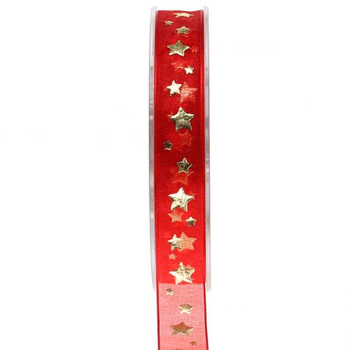 Floristik24 Christmas ribbon organza red with star motif 15mm 20m