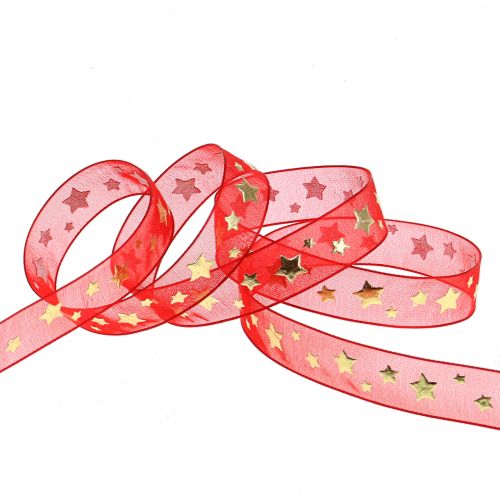 Product Christmas ribbon organza red with star motif 15mm 20m