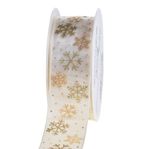 Floristik24 Christmas ribbon organza snowflakes white gold 40mm 15m