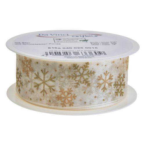 Product Christmas ribbon organza snowflakes white gold 40mm 15m