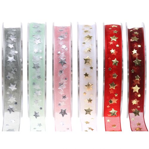 Product Christmas ribbon organza with star motif 15mm 20cm