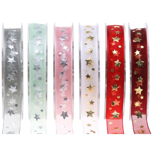 Product Christmas ribbon organza with star motif 15mm 20m