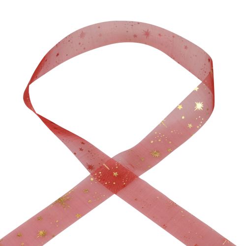 Product Ribbon Christmas, organza red star pattern 25mm 25m
