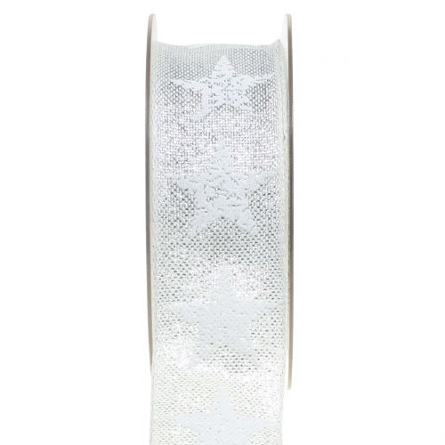 Floristik24 Christmas ribbon with star pattern white, silver 40mm 15m