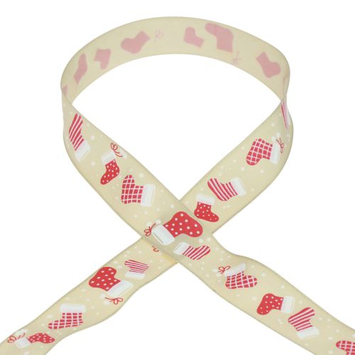 Product Christmas ribbon boots beige red gift ribbon 25mm 15m