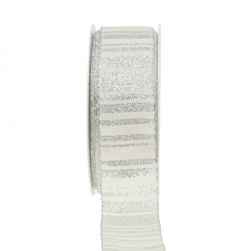 Floristik24 Christmas ribbon white with silver stripes pattern 35mm 25m