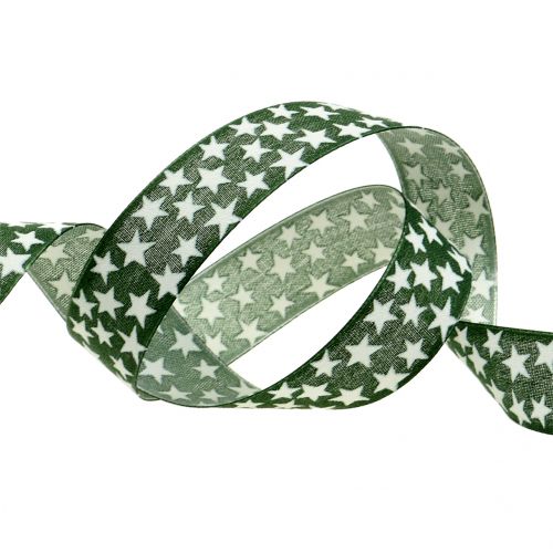 Product Christmas ribbon with star green, white 25mm 20m